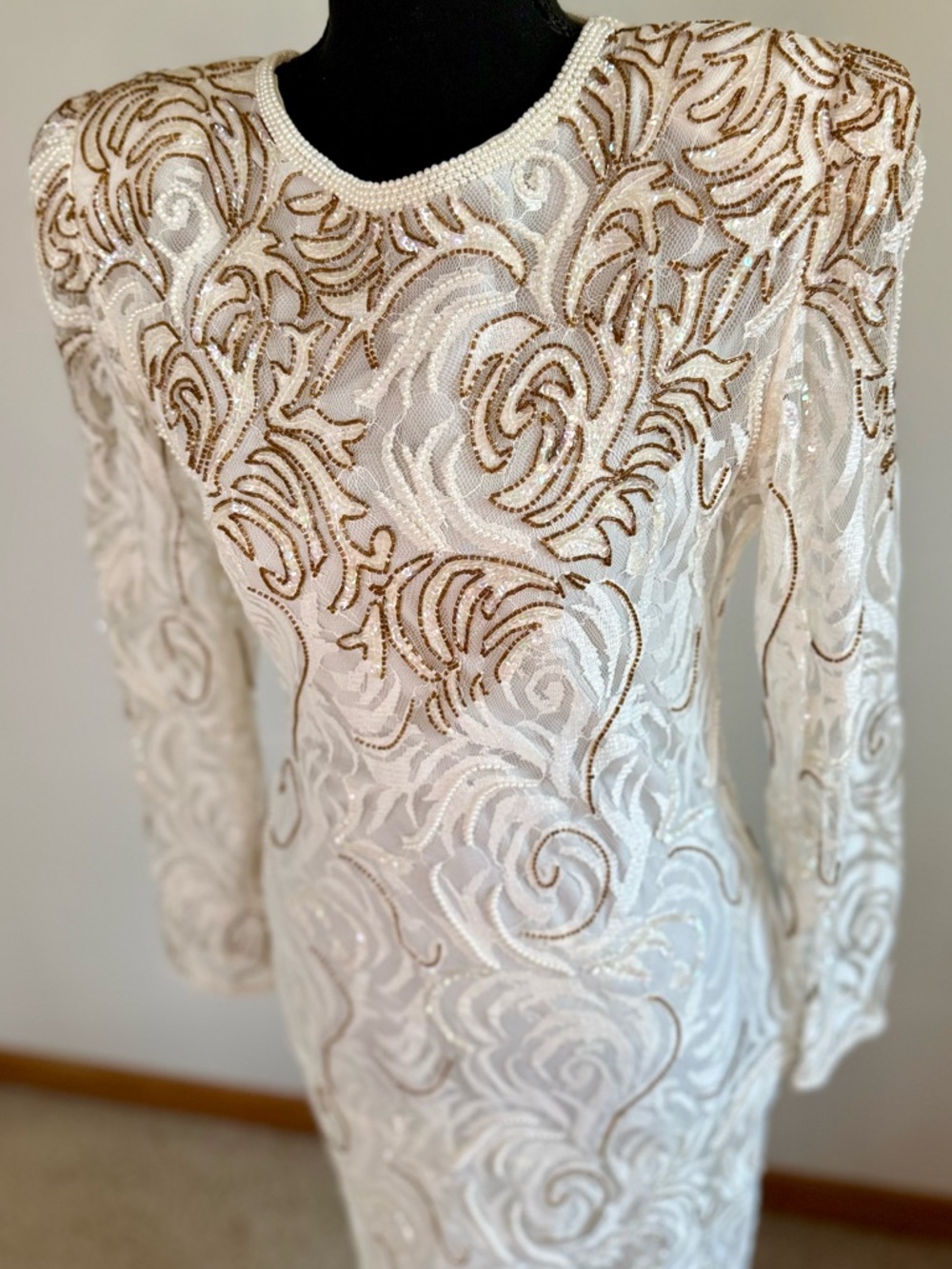 Vintage Laurence Kazar Ivory Gold Sequin Beaded Evening Dress Rare Gown